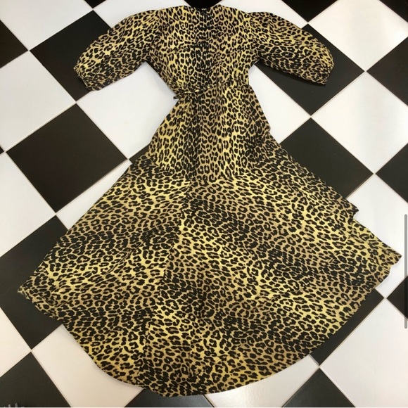 GANNI Yellow Gold Cheetah Midi Wrap Dress US 6 (sz 38) Animal Print Puffy Sleeve - Picture 6 of 10